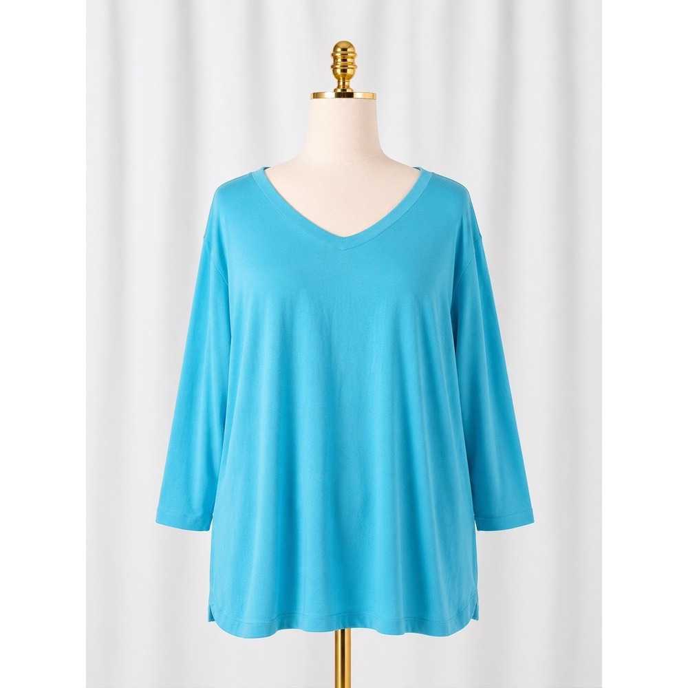 J Jill Perfect Pima 3/4 Sleeve V-Neck Tee 100% Pima Cotton Aqua Blue Size XL